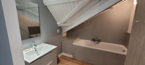 Bathtub, hair dryer, towels, toilet paper