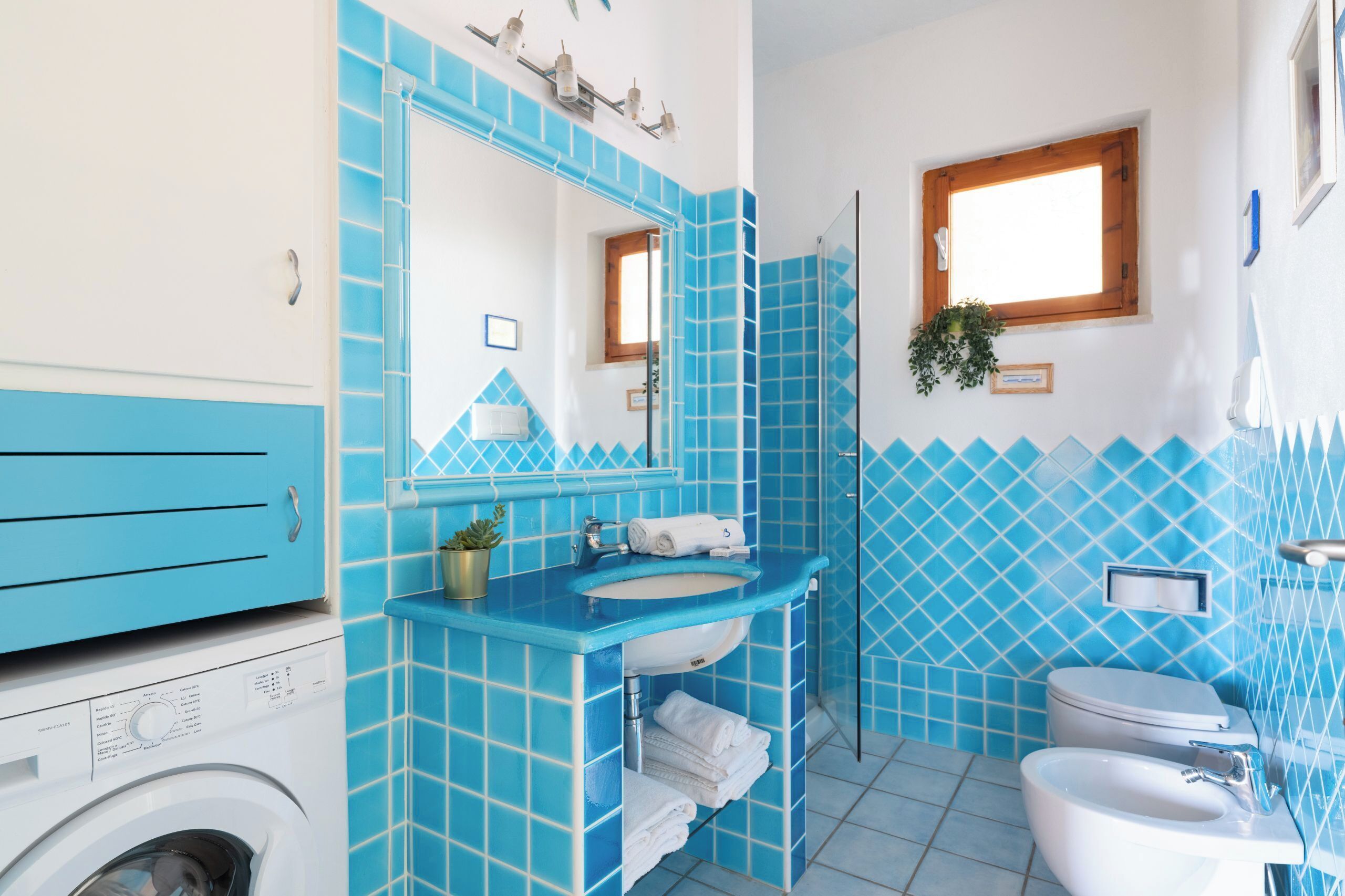 Un bagno dotato di lavatrice, lavabo, WC e zona doccia.