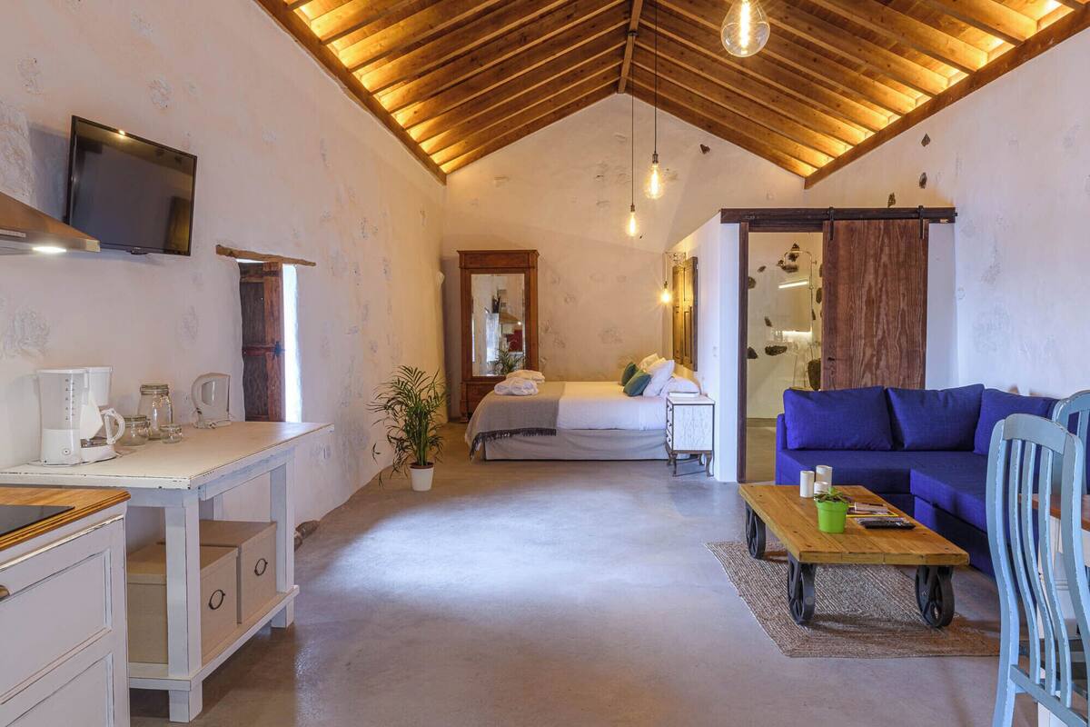 Une pièce de taille modeste comprenant un lit, un canapé, une petite table, un téléviseur fixé au mur et un plafond en bois.