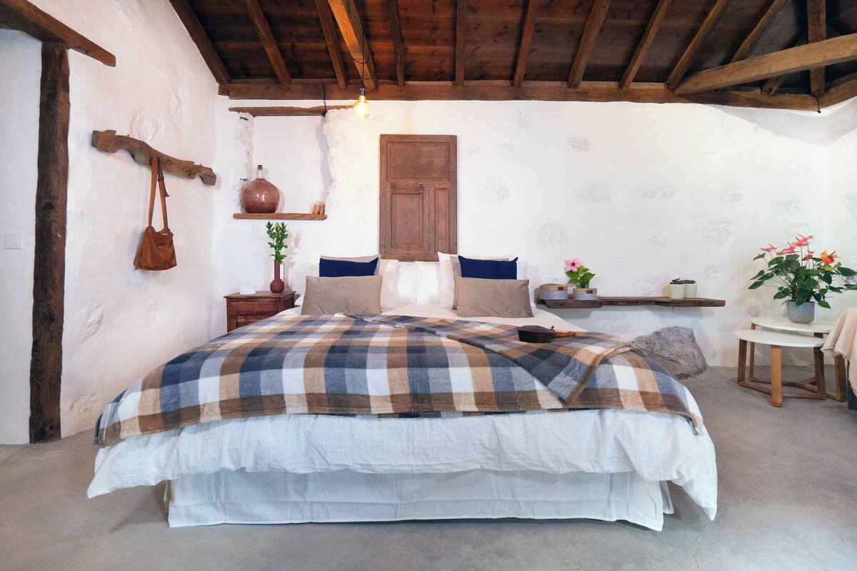 Une chambre avec un grand lit, des poutres en bois, une porte rustique et une petite table sur laquelle est posée une plante.