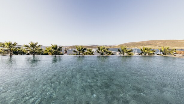 Une piscine aux eaux cristallines, offrant une vue sur les palmiers et les collines lointaines.