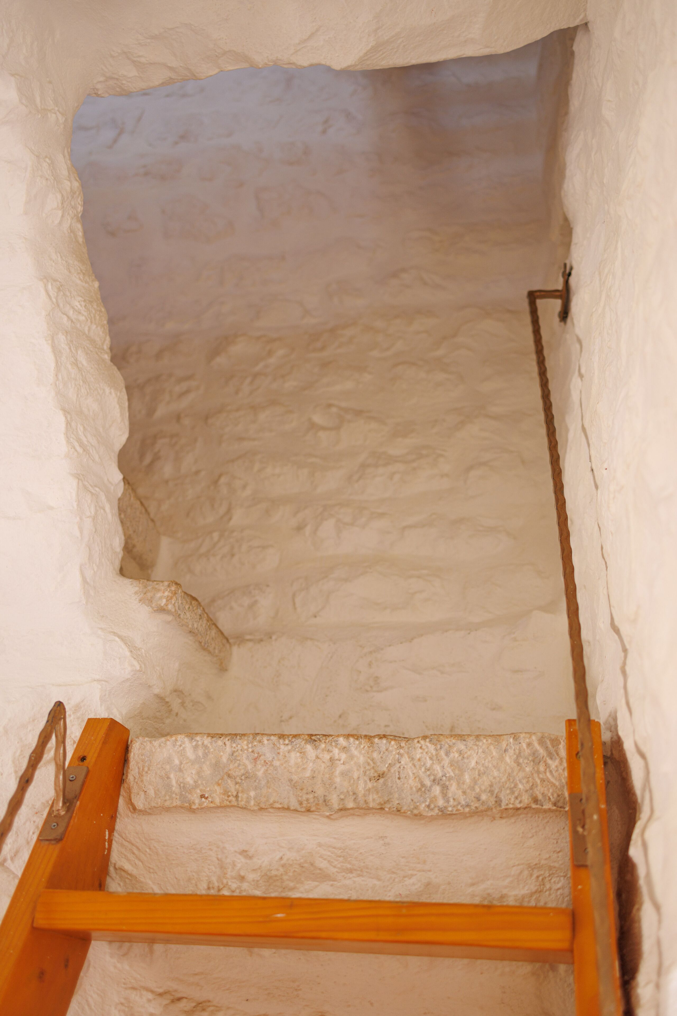 A narrow, enclosed stairway with a wooden handrail, leading to a higher level.
