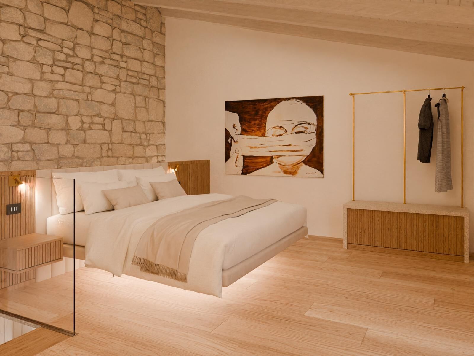 A modern bedroom with a stone wall, a large bed with white bedding, a wooden bench, and a clothing rack.