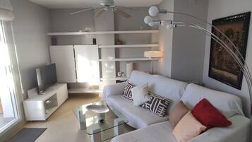 Een smart-tv, boeken en een stereo