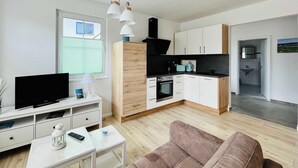 Ein modernes Apartment mit Wohnzimmer, Küchenzeile und Bad.