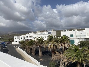 A coastal building with white walls, palm trees, and a road in front.