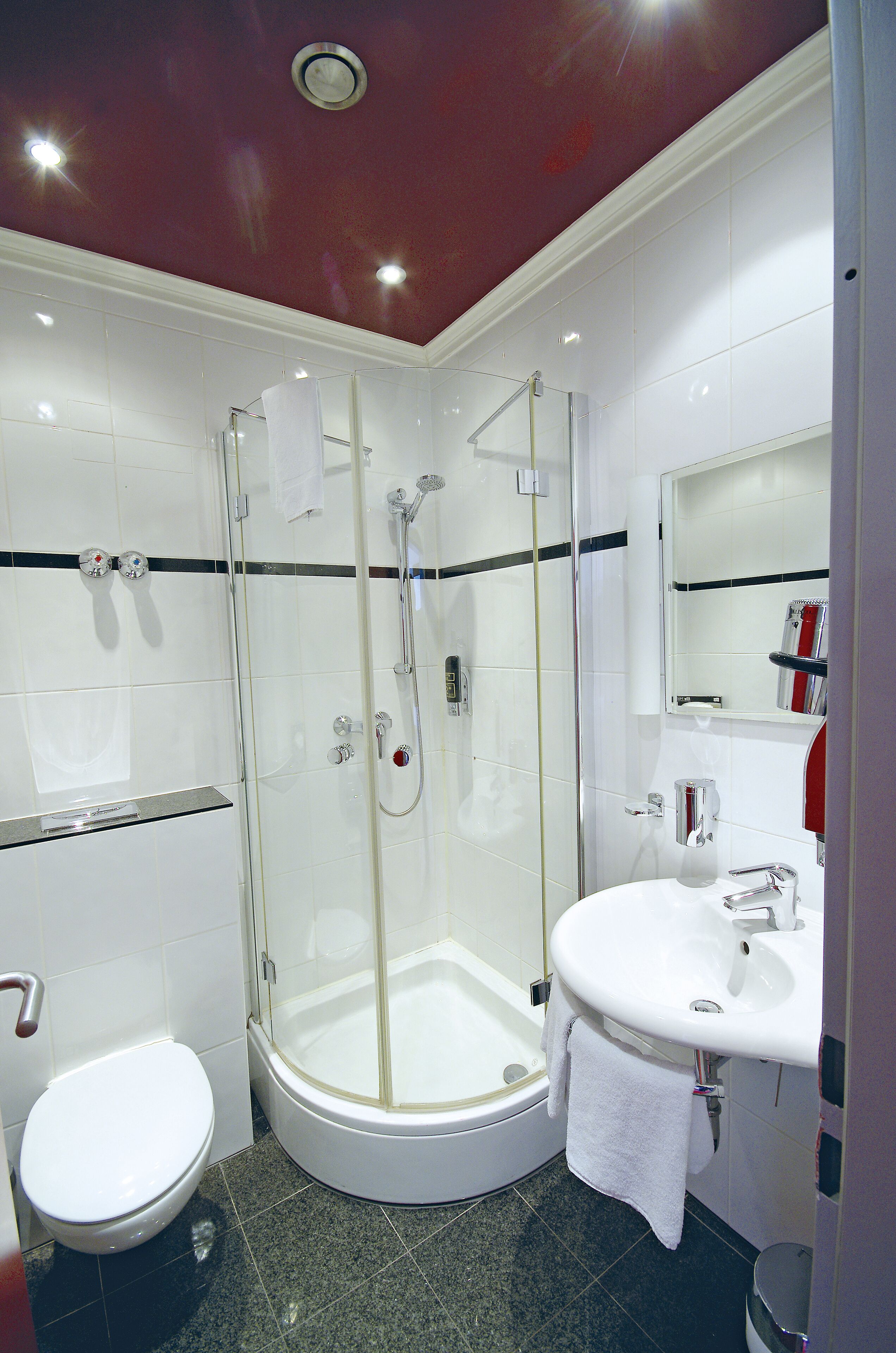 hair dryer, towels, soap, shampoo