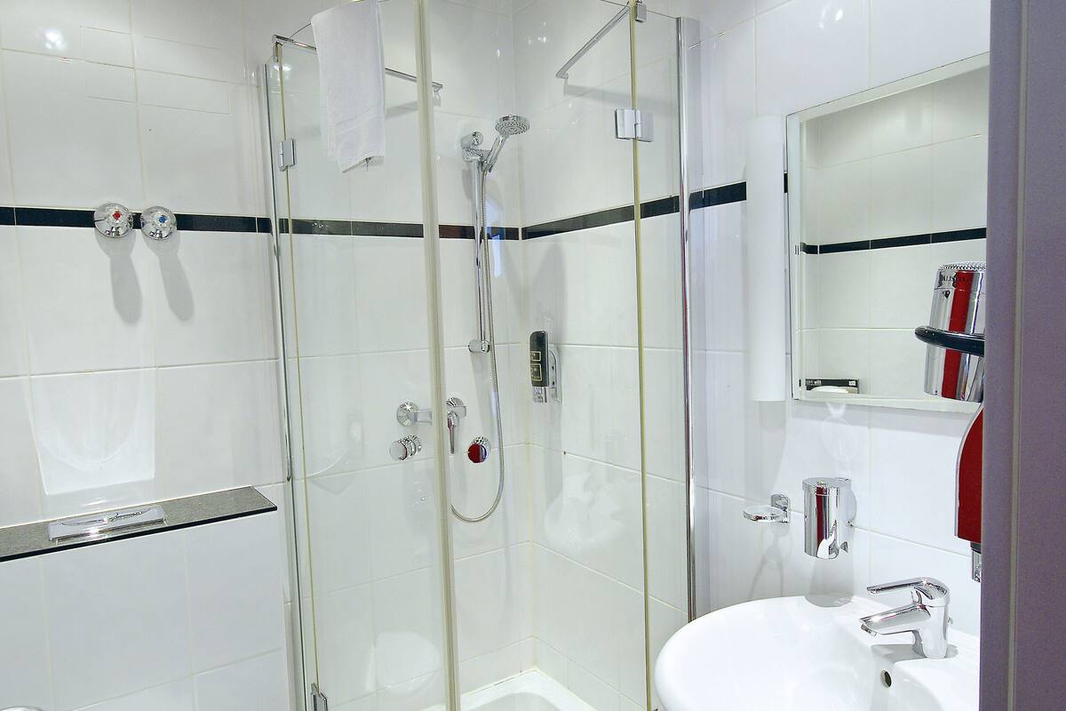 hair dryer, towels, soap, shampoo