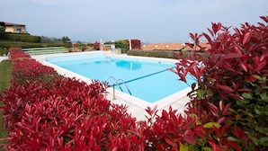 Una piscina rectangular rodeada de follaje rojo, con un cielo azul despejado al fondo.
