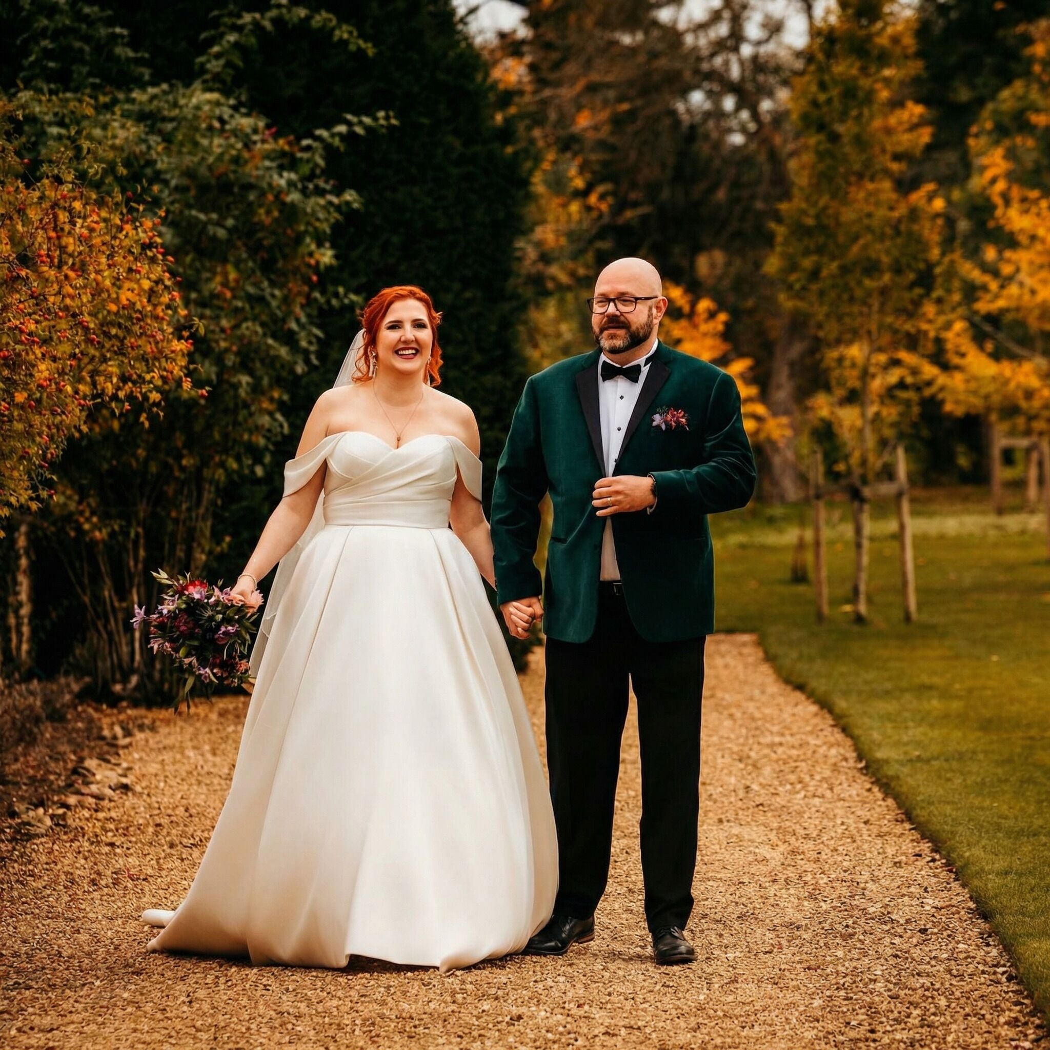 A couple walking on a gravel path surrounded by trees and foliage.