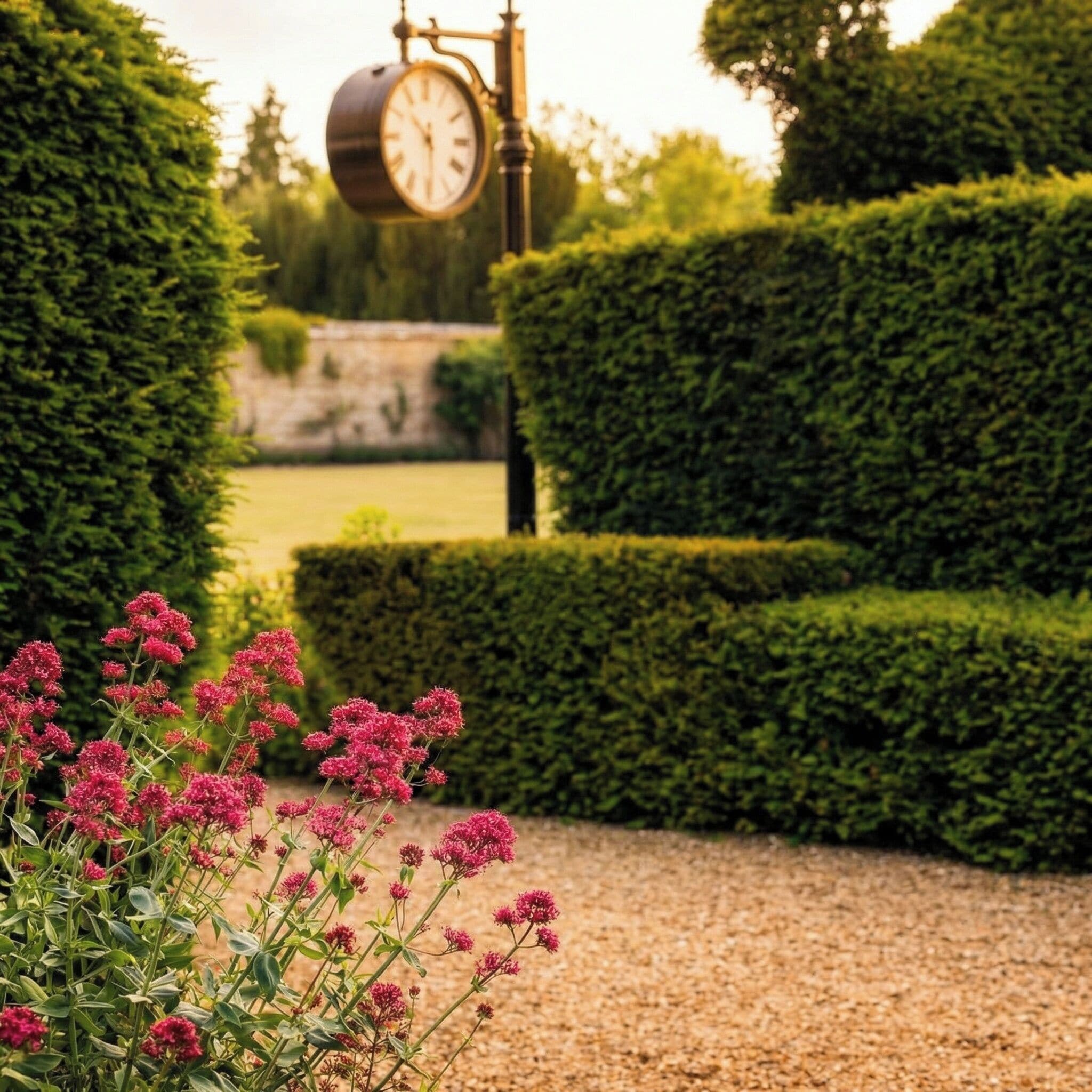 A well-manicured garden with neatly trimmed hedges, a gravel path, and vibrant pink flowers in the foreground.