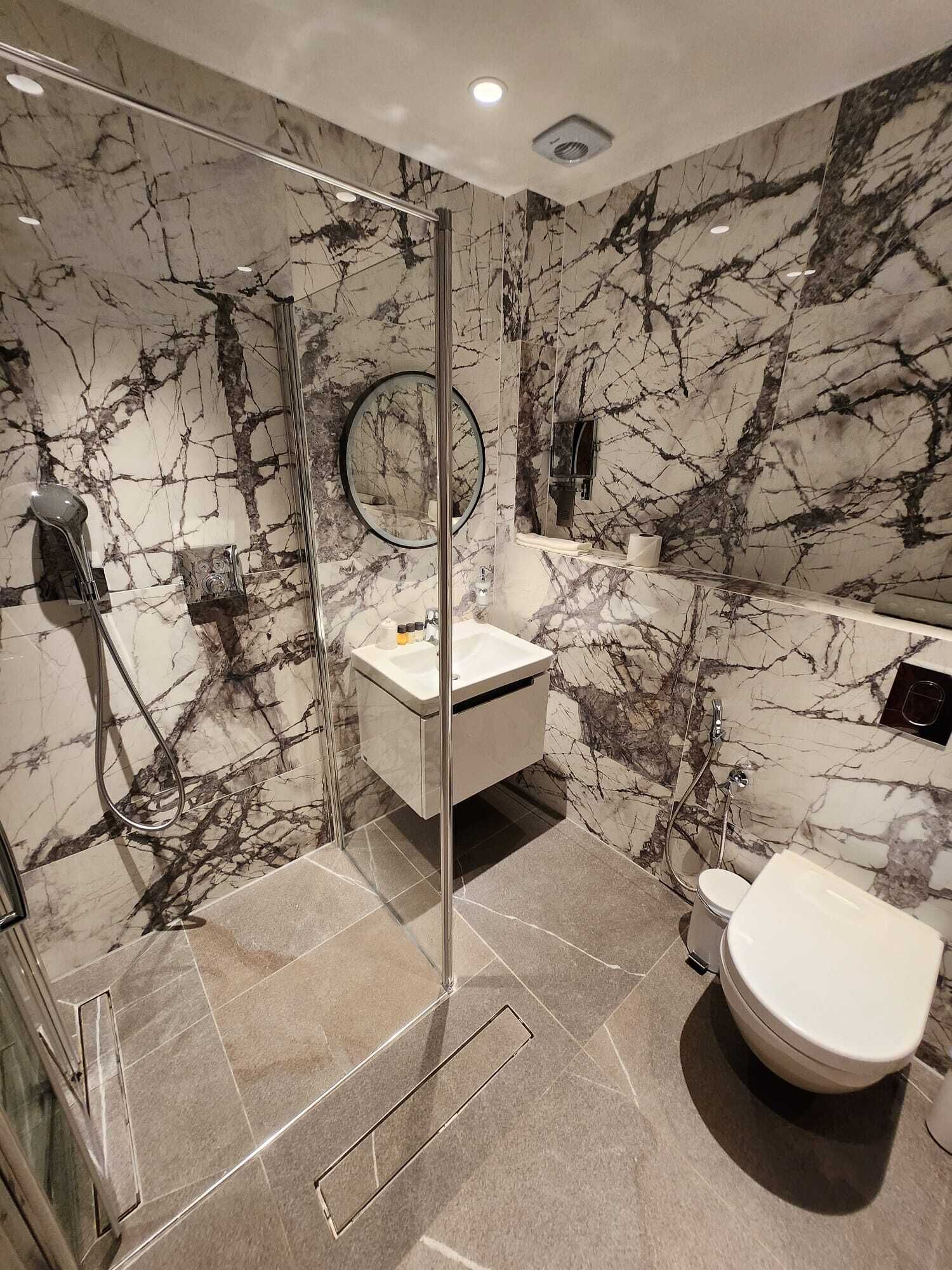 A modern bathroom with a glass shower enclosure, a white sink, and a toilet.