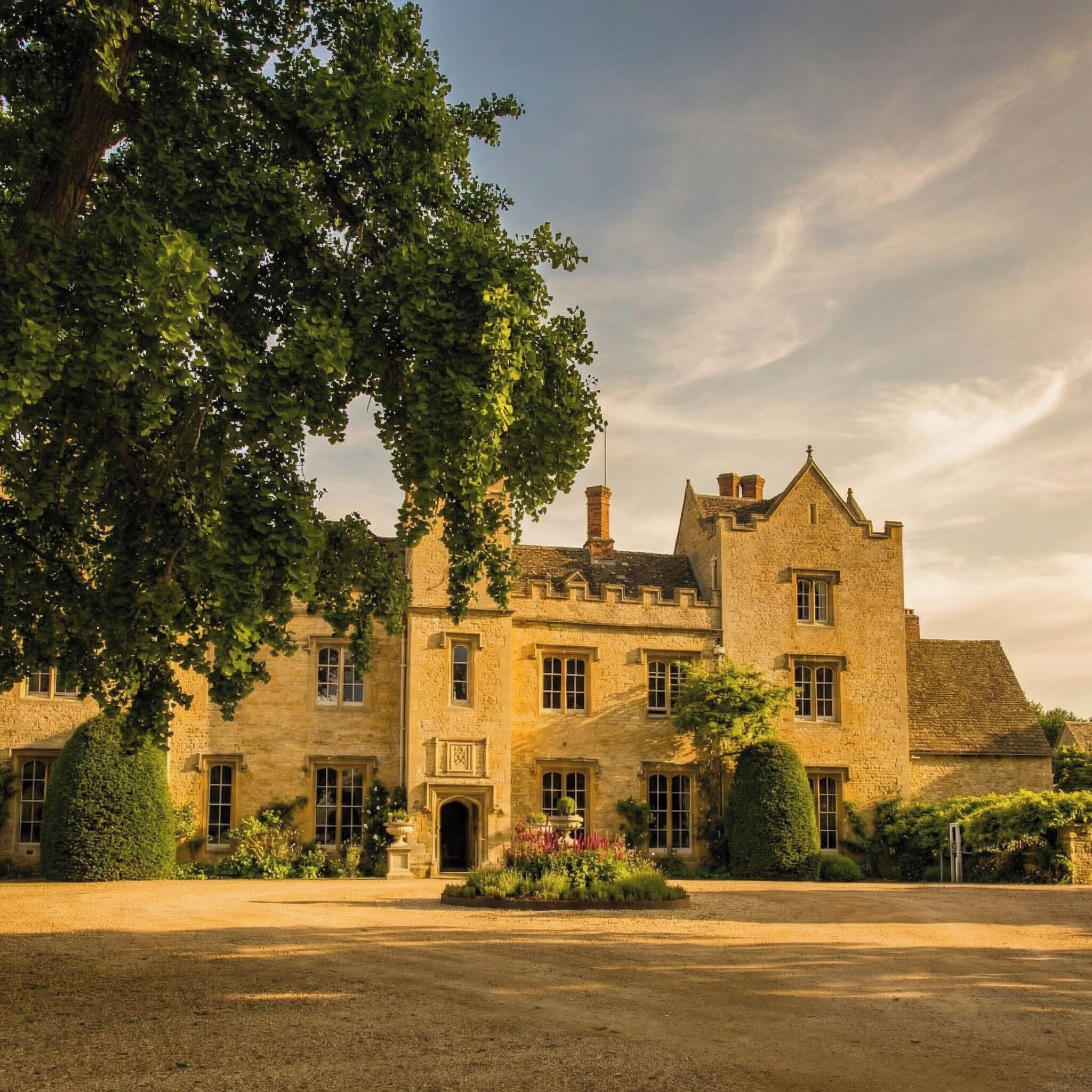 A historic stone building with multiple windows and a prominent entrance, surrounded by well-maintained gardens and a large tree.
