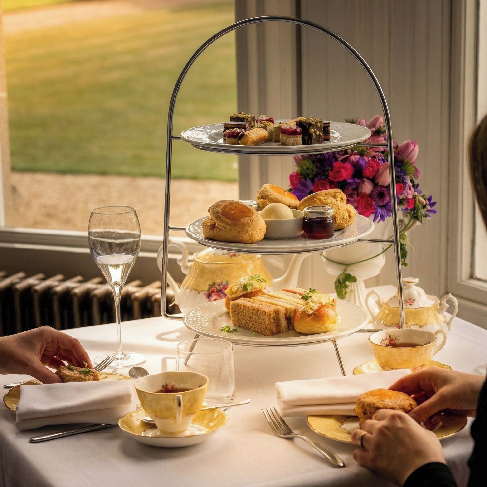 A three-tiered tea service set on a table with a view of a garden through a window.