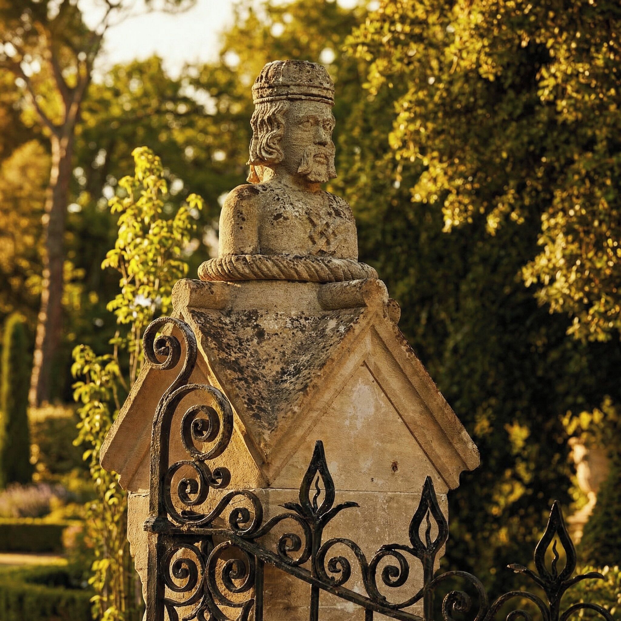 Una estatua de piedra con tallas detalladas sobre un pedestal, rodeada por una cerca de hierro forjado.