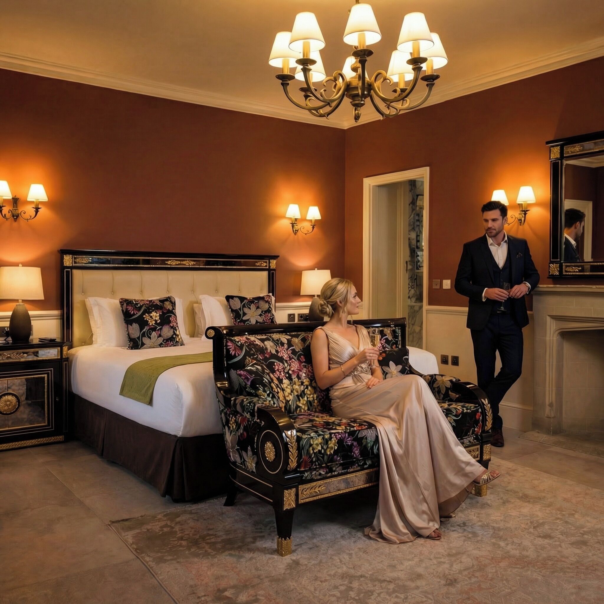 A hotel room with a large bed, a floral sofa, a chandelier, and a fireplace.