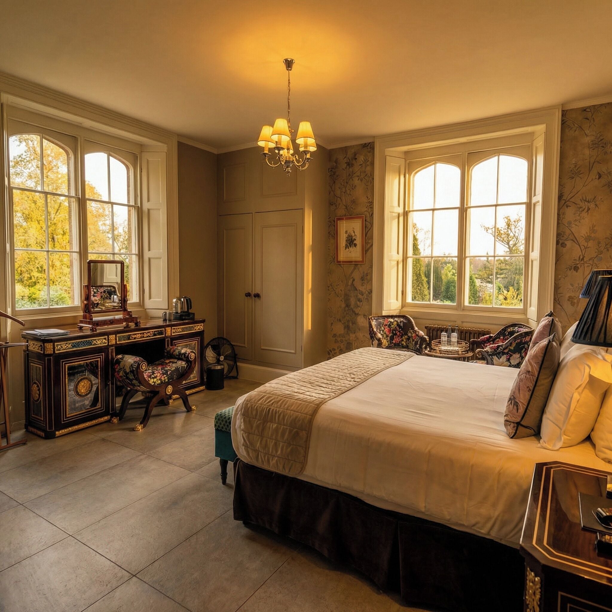 Un dormitorio con una cama grande, un aparador, un escritorio y dos sillas. Hay dos ventanas con vistas a árboles.