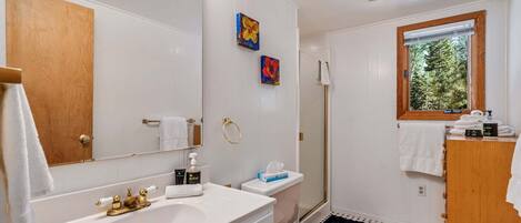 A bathroom with a large mirror, a sink, a toilet, and a shower. There is a window with a view of trees and a wooden door.