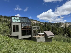 A modern house with a glass facade, wooden deck, and a view of a forested mountain.