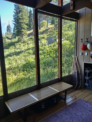 A wooden bench with a view of a forest through large windows.