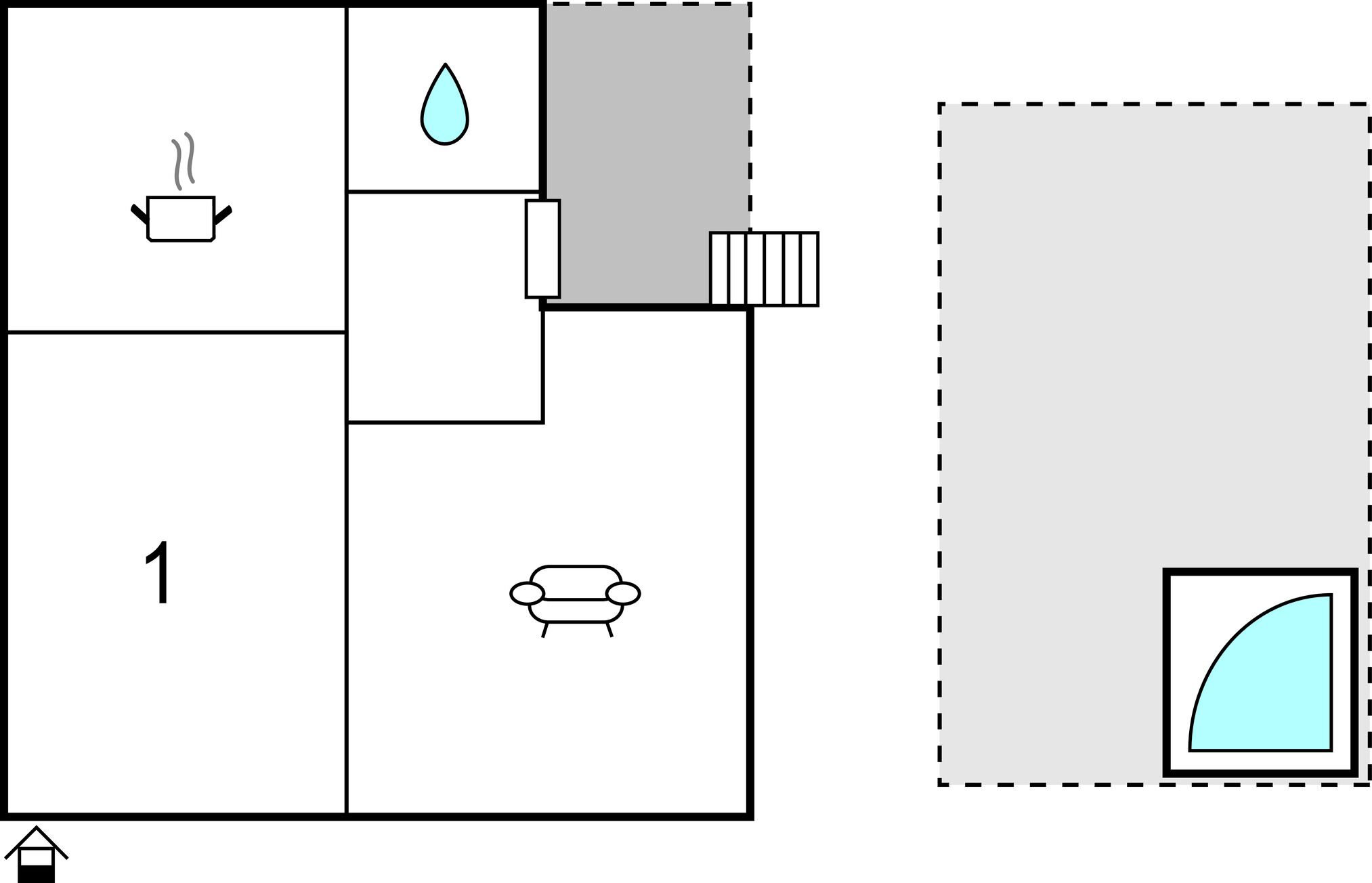 A room layout with a bed, a chair, a sink, and a toilet.