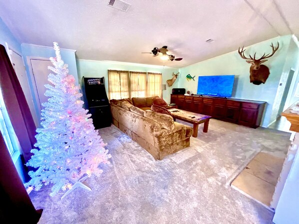 Smart TV, fireplace, video games