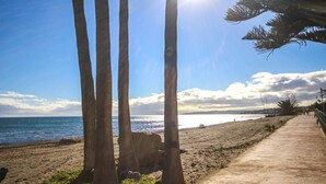 Ein Strand mit einer Holzpromenade, Palmen und dem Meer.