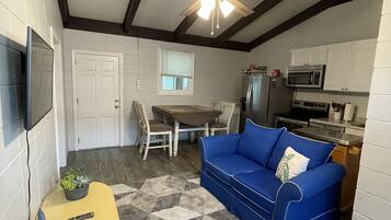 Smart TV, fireplace, books