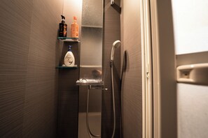 A bathroom with a shower, a toilet, and a mirror. There are toiletries on a shelf. - Akasaka Roppongi area with elevator Quiet high-class residential apartment close to train station (港区)