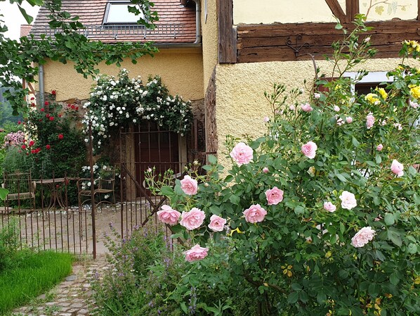 A rustic house with a garden featuring pink roses and a variety of other plants. - Fachwerkhof Klosterbuch - Idyllic guest house at the historic monastery (Leisnig)