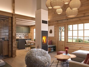 Casa conforto, 1 cama King, sauna seca, vista para o vale | Área de estar | TV de tela plana