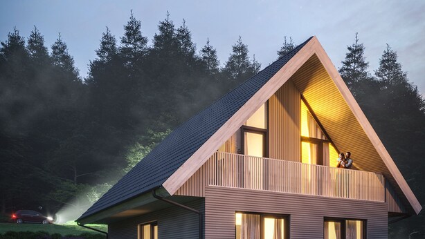 A modern house with a sloped roof, large windows, and a balcony. - Bunter Bock  Die Harz-Urlaubs-Alm (Clausthal-Zellerfeld)