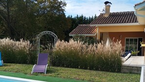 Une piscine à l’eau d’un bleu limpide, entourée d’une pelouse bien entretenue et de hautes herbes. On y trouve une chaise longue violette et un parasol blanc près de la piscine.