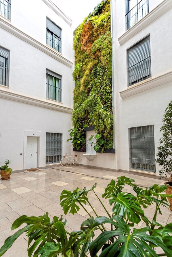 A courtyard with a vertical garden, a white door, and a bicycle.