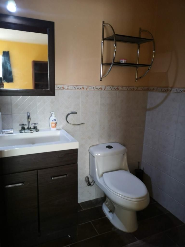 Un baño con lavamanos blanco, mueble de madera oscura y inodoro blanco.