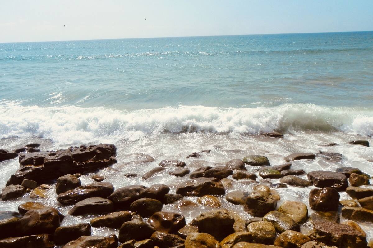 Une côte rocheuse où les vagues s’écrasent contre les rochers.