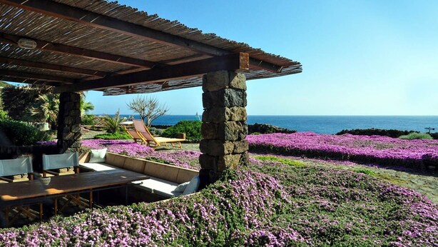 Une construction en pierre surmontée d’un toit en bois, qui surplombe une plage parsemée de fleurs violettes et offre une vue sur l’océan.