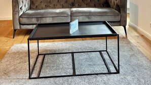 Ein modernes Wohnzimmer mit einem grauen Samtsofa, einem schwarzen Couchtisch und einem hellen Teppich.