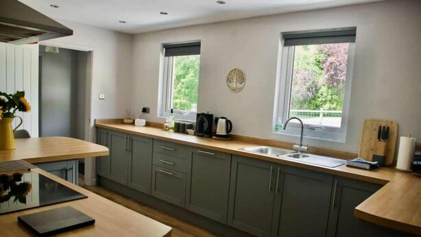 Eine moderne Küche mit grauen Schränken, einer Holz Arbeitsplatte, einem Spülbecken und zwei Fenstern mit Blick auf Grünfläche.