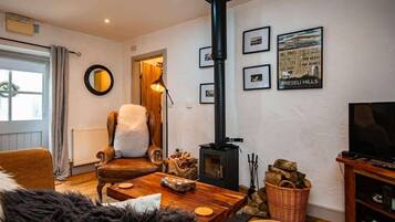 A cozy living room with a fireplace, a comfortable armchair, a television, and a bookshelf.