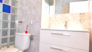 A bathroom with a toilet, a sink, and a mirror.