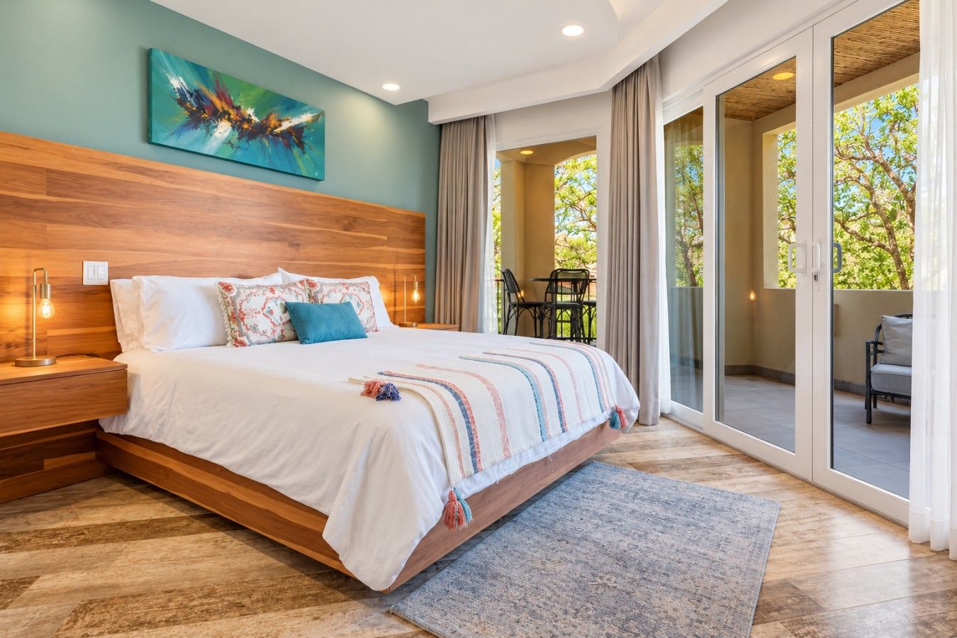 Une chambre à coucher avec un grand lit, une tête de lit en bois, un tableau accroché au mur et une vue sur l’extérieur grâce à une porte vitrée.