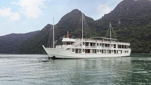 Um barco grande, com vários andares e estrutura de cabines, e exterior branco.