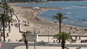 A beachside promenade with palm trees, bicycles, and scooters parked along the path.