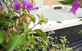 A hot tub surrounded by lush greenery and purple flowers.