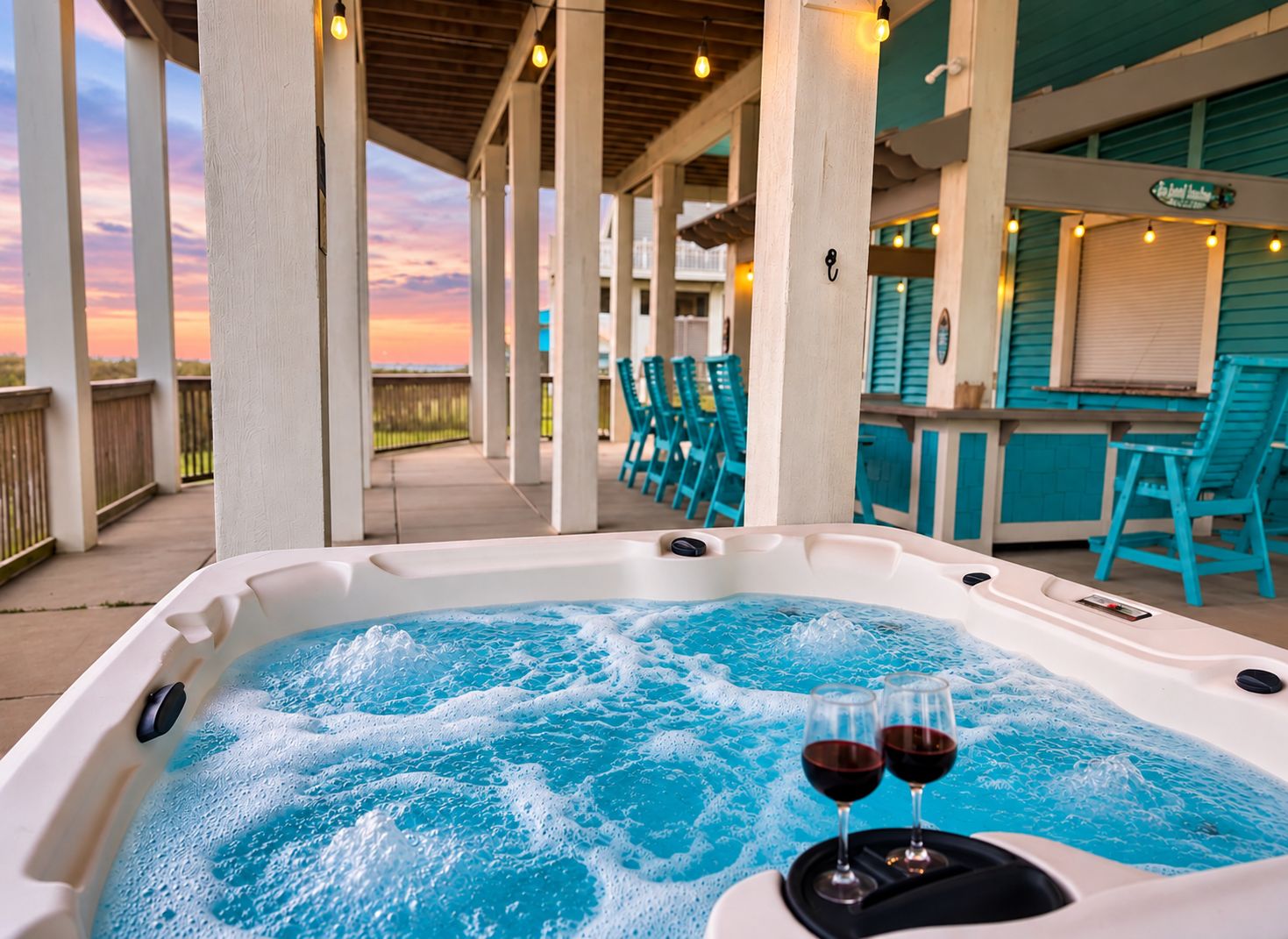 Un jacuzzi con dos copas de vino tinto, rodeado de sillas color turquesa y una terraza de madera.