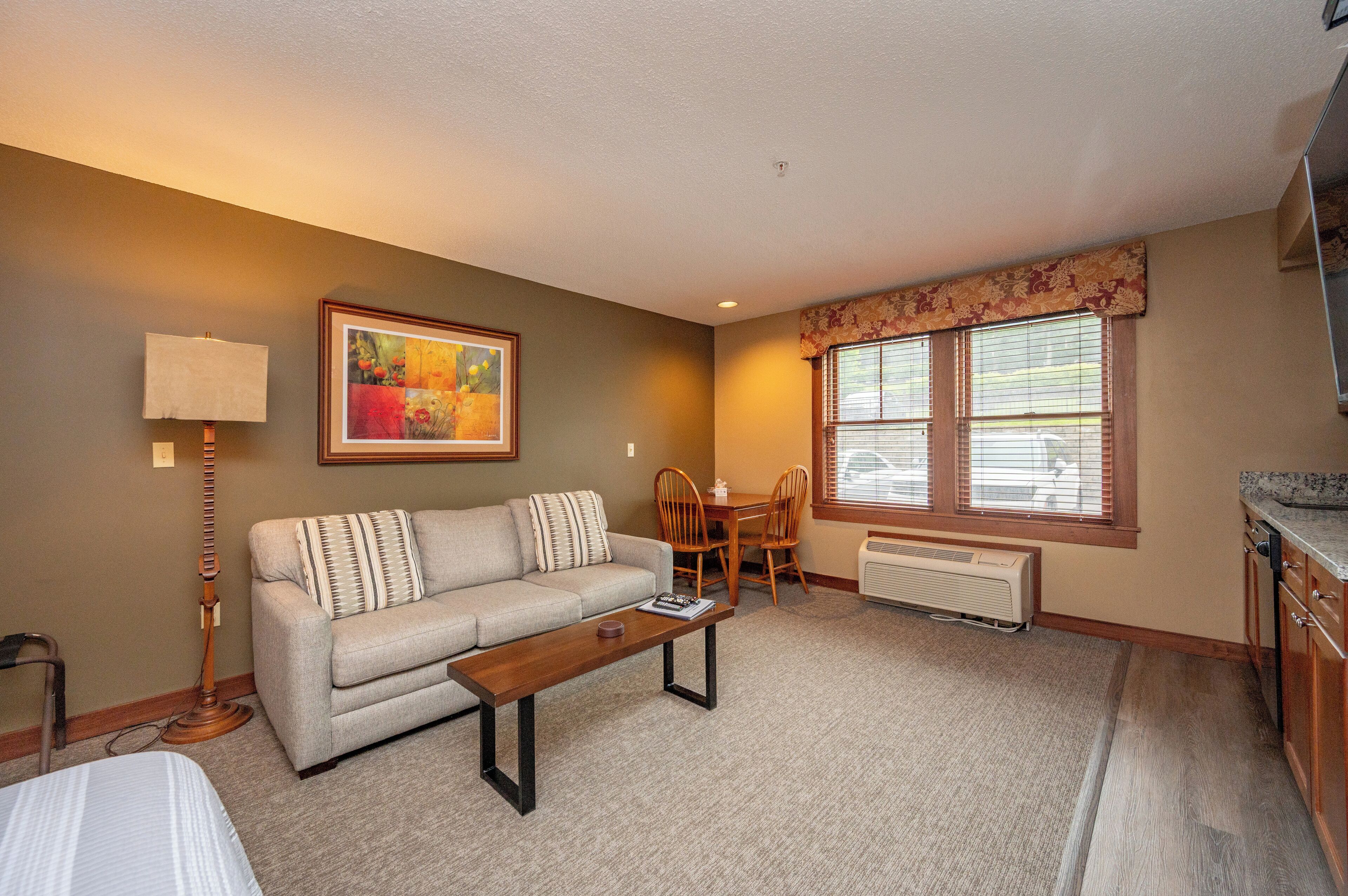 Flat-screen TV, fireplace, video games, DVD player