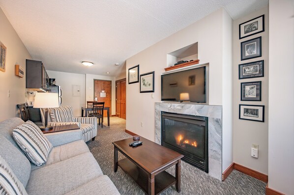 TV, fireplace, video games, DVD player