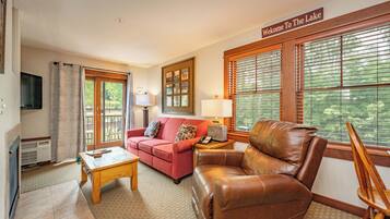 Een flatscreentelevisie, een open haard, videogames en een dvd-speler