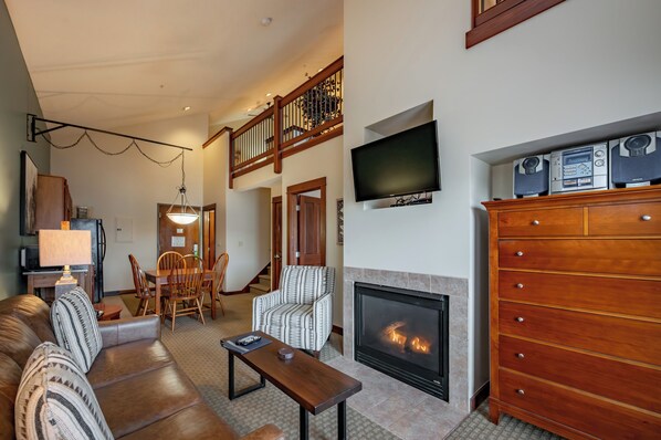 TV, fireplace, video games, DVD player